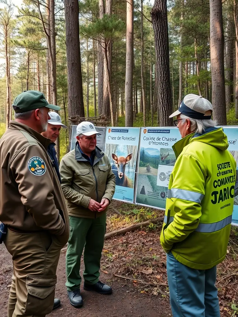 A photo showing members of the SOCIETE COMMUNALE DE CHASSE DE FLEAC engaging with local school children, teaching them about wildlife and the importance of conservation.