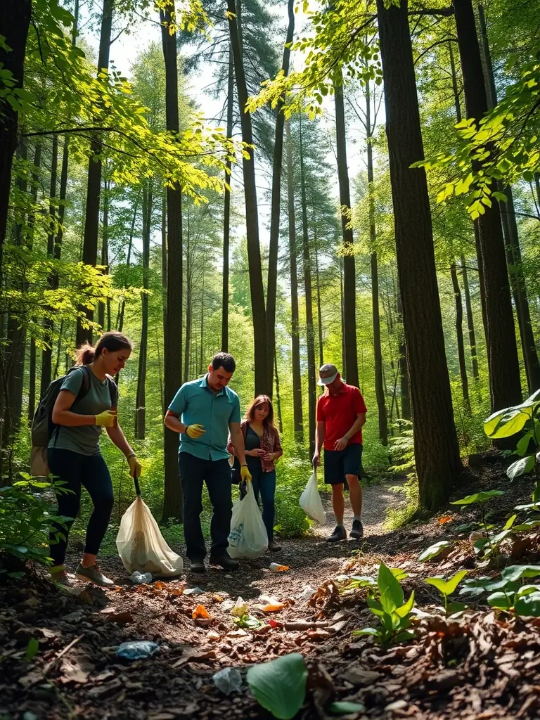 An image of a group of SOCIETE COMMUNALE DE CHASSE DE FLEAC members cleaning up litter in a wooded area, highlighting their dedication to environmental stewardship.