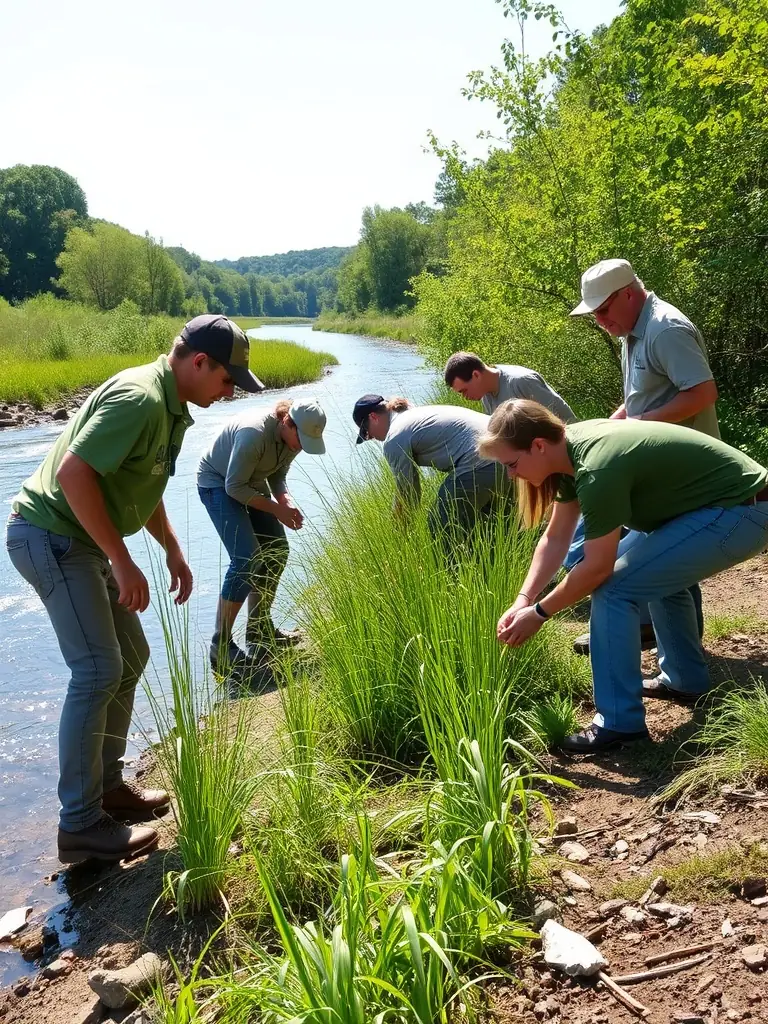 A wide shot of volunteers planting native trees along a riverbank in Fleac, illustrating the organization's habitat restoration efforts.