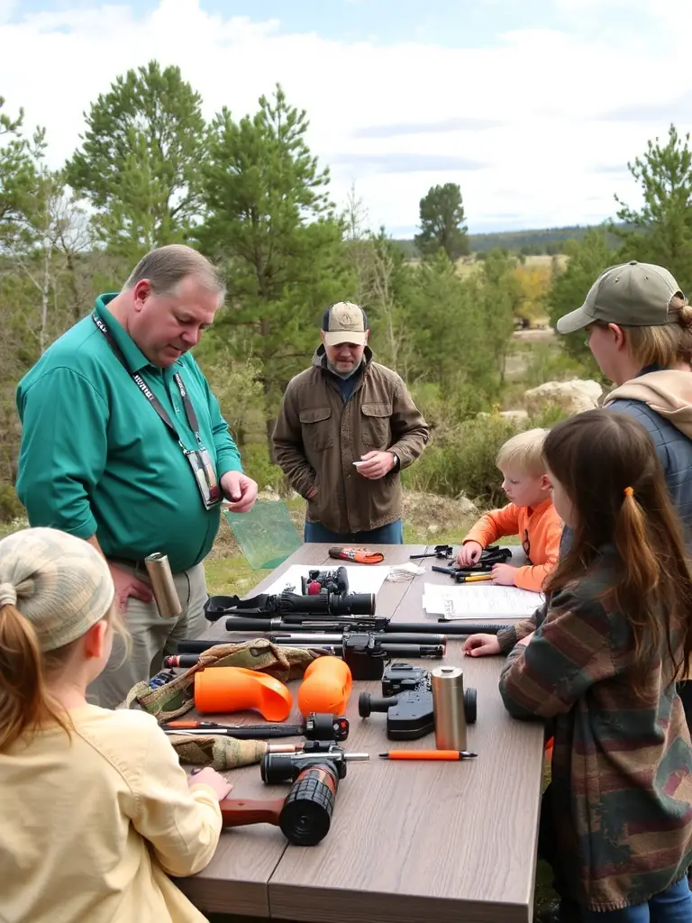 A photograph of a SOCIETE COMMUNALE DE CHASSE DE FLEAC educational workshop, with members teaching local children about wildlife conservation and responsible hunting practices.