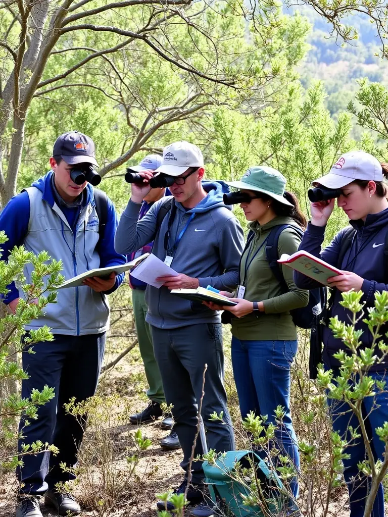 A photograph depicting a group of SOCIETE COMMUNALE DE CHASSE DE FLEAC members participating in a wildlife census in the Fleac region, using binoculars and notebooks to record observations.