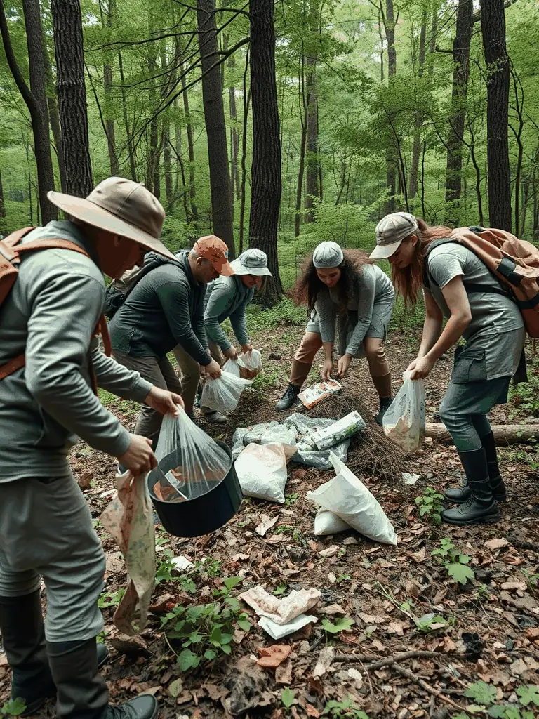 A photograph capturing SOCIETE COMMUNALE DE CHASSE DE FLEAC members cleaning up a forest area, removing litter and debris to maintain a healthy habitat for wildlife.