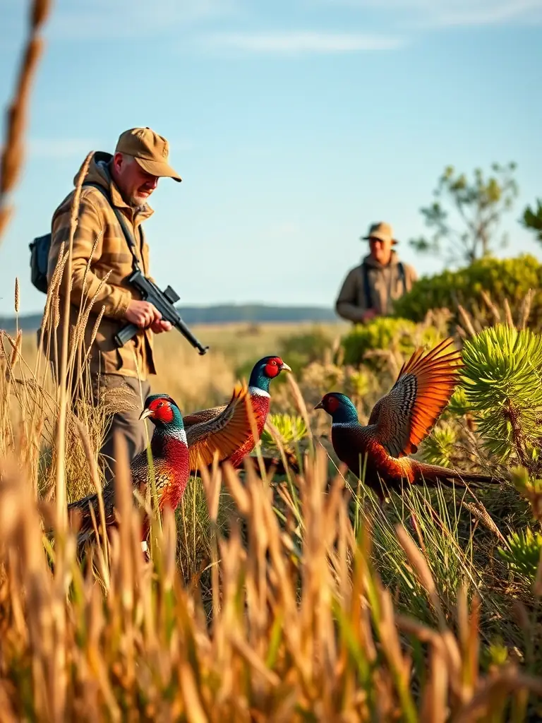 A photograph showing SOCIETE COMMUNALE DE CHASSE DE FLEAC members releasing pheasants into a managed habitat, with a focus on the birds taking flight and the natural environment.