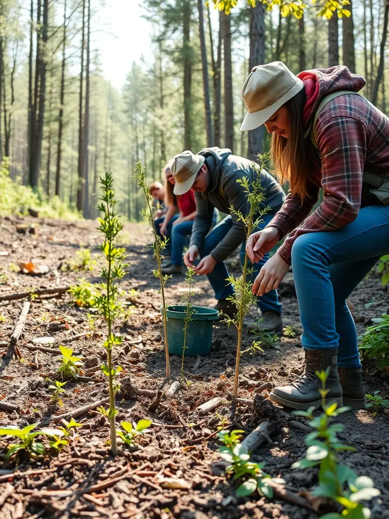 An image of volunteers participating in a habitat restoration project, planting trees and clearing invasive species to improve the local ecosystem.